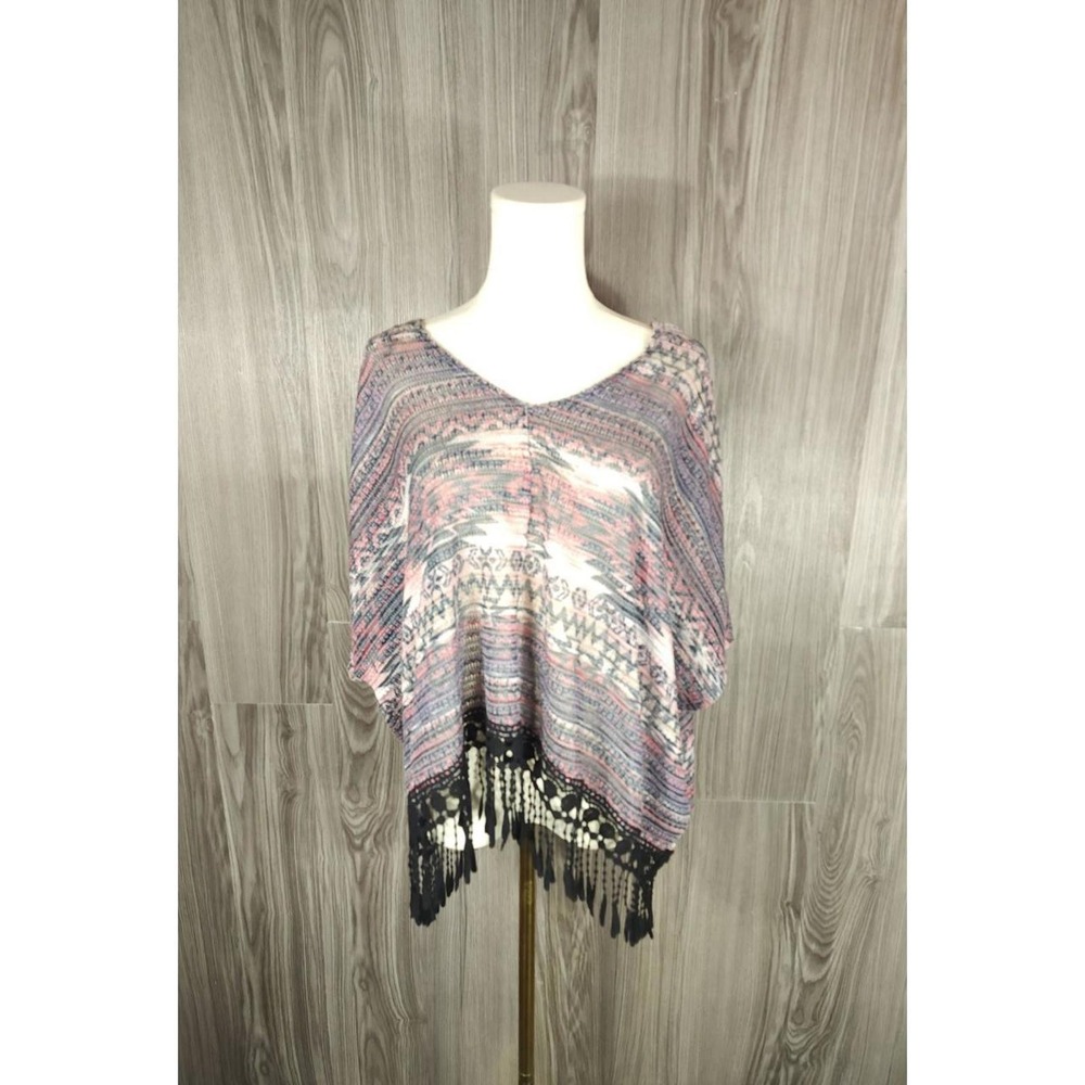 Almost Famous Womens Medium Southwestern Knit Poncho Fringe Crochet Top Pink